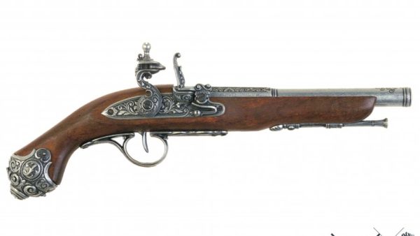 Pistola da duello a pietra focaia in legno e metallo avancarica sec. XVIII Denix 38 cm