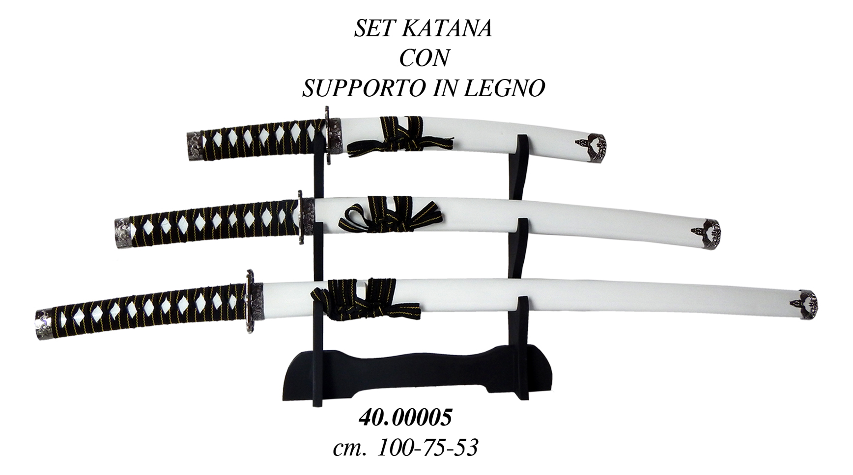 Set di 3 Katana da Samurai con lama in metallo fodero in legno e supporto  100-75-53 cm bianche - Replichearmi