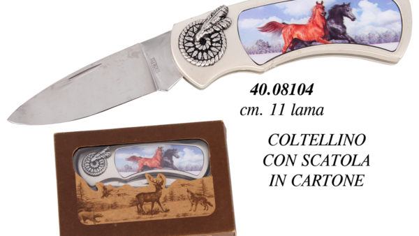 Coltellino a serramanico in metallo con decorazione Cavallo con scatolina cm 11