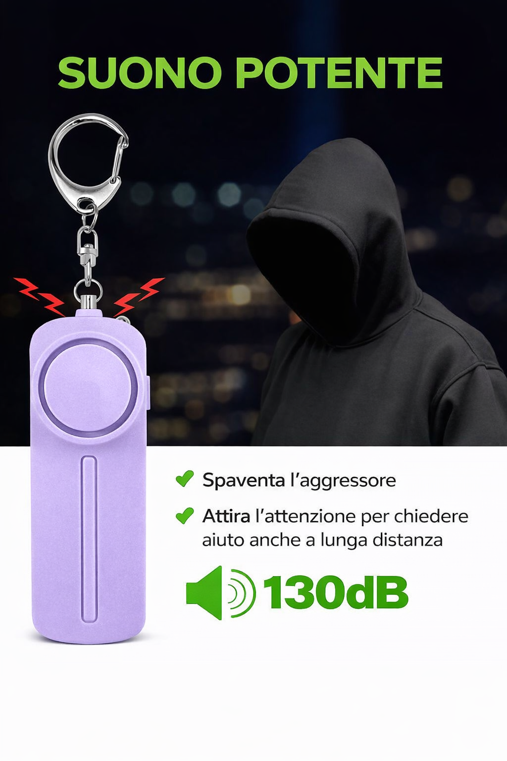 Dispositivo di Sicurezza 130dB per Donne e Bambini: Proteggi la tua sicurezza personale 2 Allarme personale viola con suono da 130 dB, usato per spaventare un aggressore e attirare l’attenzione in situazioni di emergenza.