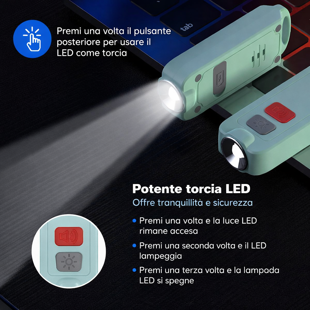 Allarme personale AF2002 con luce LED potente 2 Allarme personale 130dB ricaricabile USB con torcia LED integrata e modalità luce continua e lampeggiante.