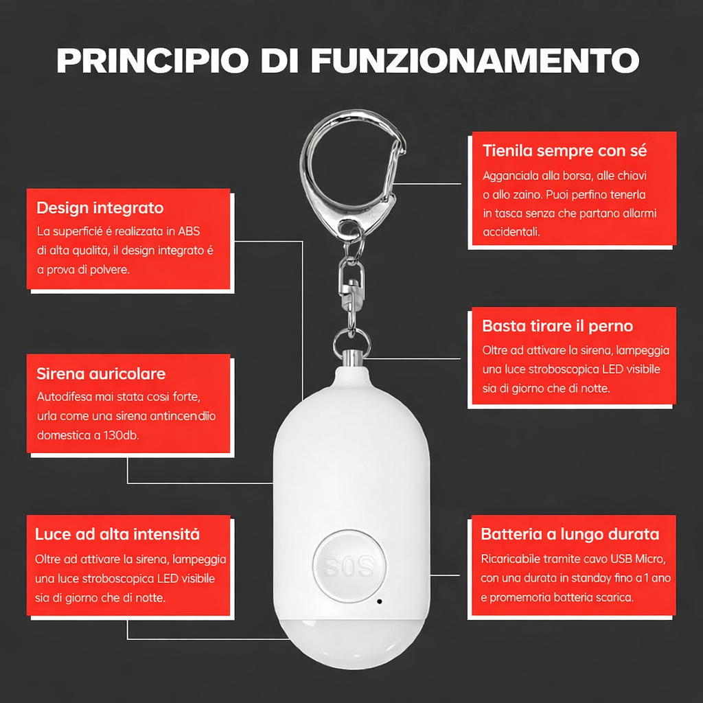 Allarme personale 130 dB con LED - sicurezza per donne e bambini 4 Allarme personale 130 dB con LED - sicurezza per donne e bambini - immagine 4
